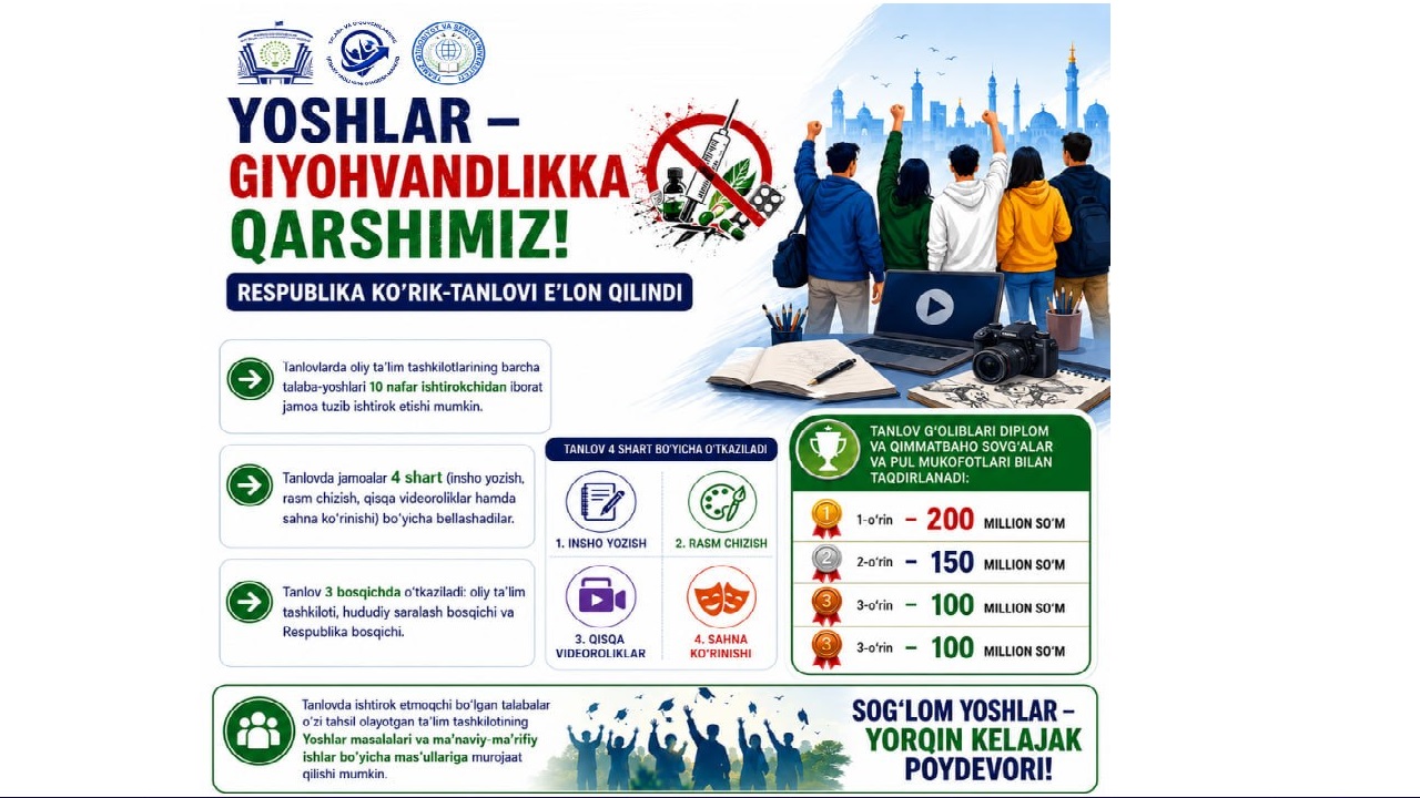 “Yoshlar – giyohvandlikka qarshimiz!” Respublika ko‘rik-tanlovi e’lon qilindi
