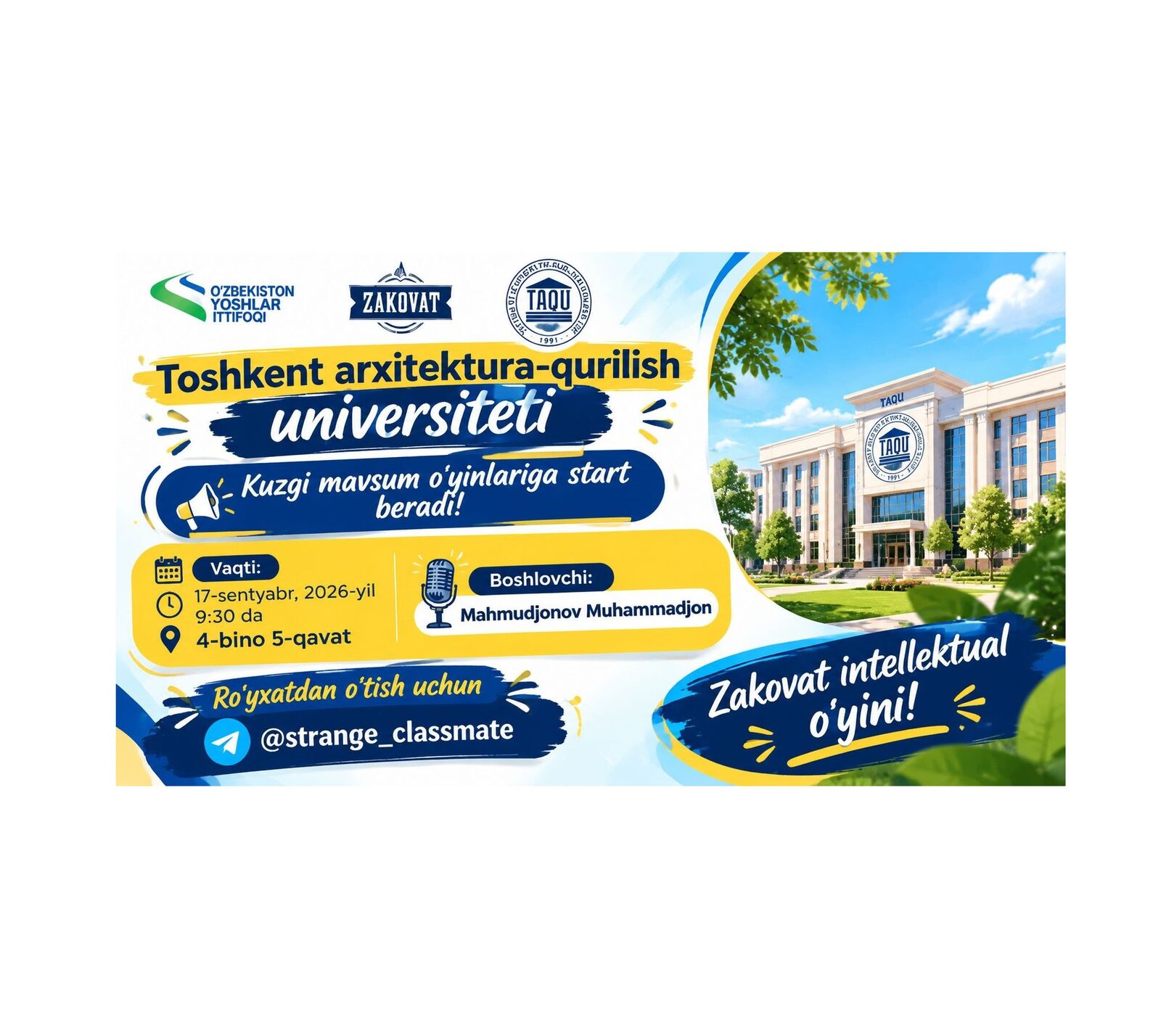 Zakovat intellektual klubi  qaynoq kuzgi mavsum uchun o‘z faoliyatini boshladi!